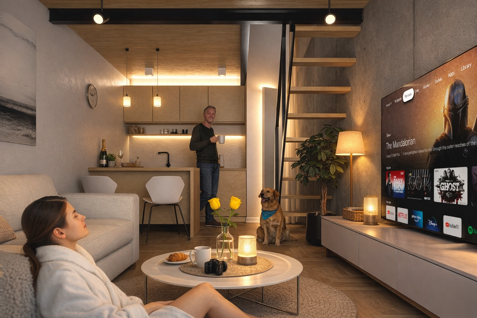 Vizualizácia loftu s mezanínom a schodiskom do spálňovej galérie